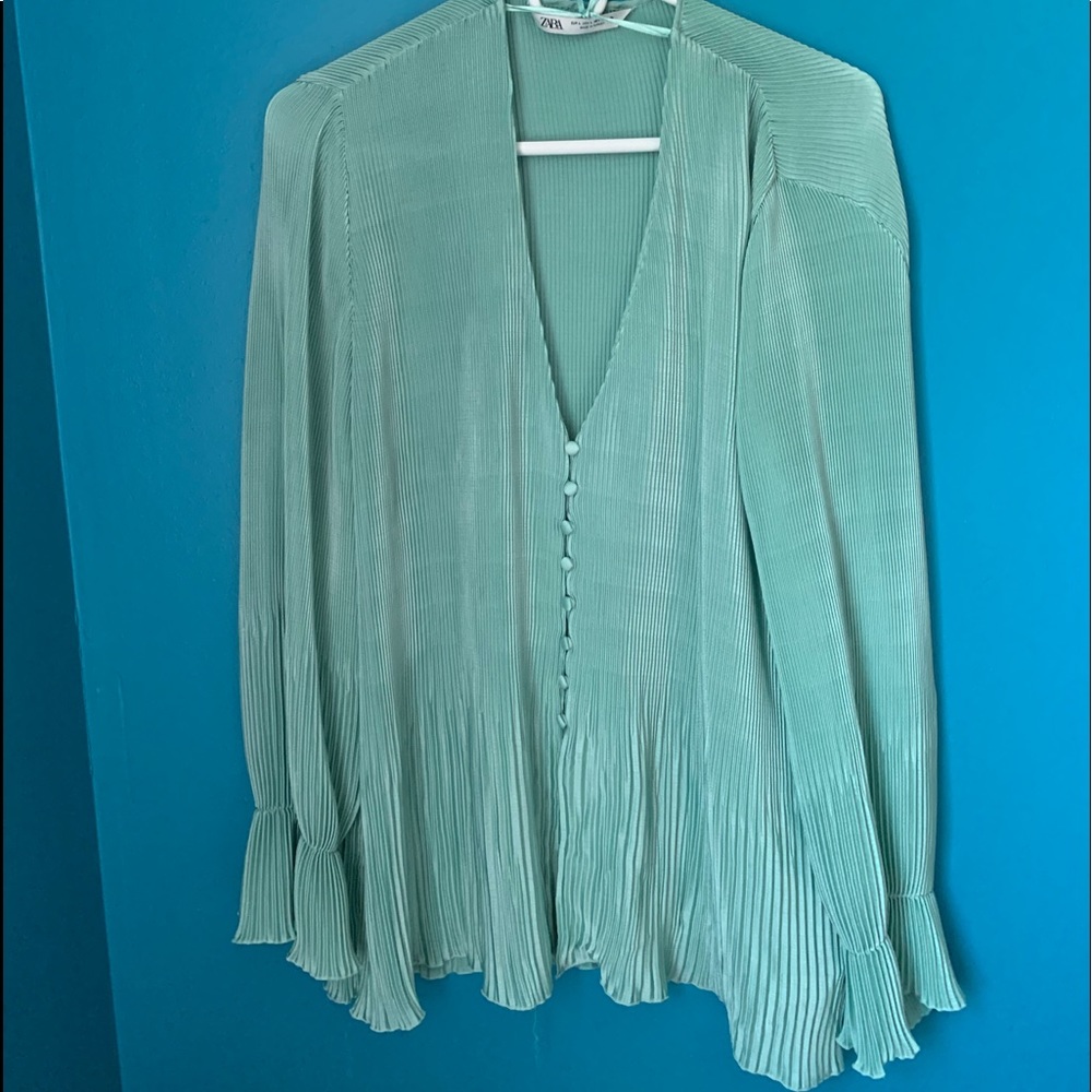 Zara seafoam green pleated long sleeve blouse.